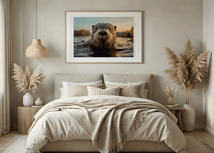 KYUBA Premium-Puzzle 'Golden River Otter' als harmonisches Wandbild in einem gemütlichen Boho-Schlafzimmer.