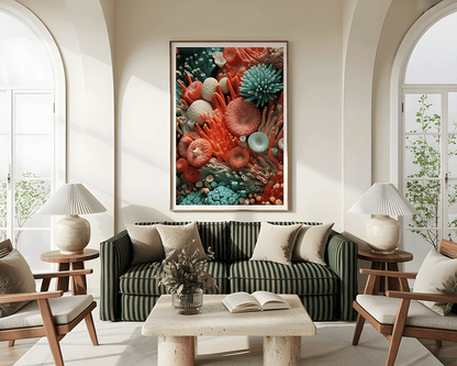 KYUBA Premium-Puzzle 'Coral Garden' elegant gerahmt an einer stilvollen Wohnzimmerwand.