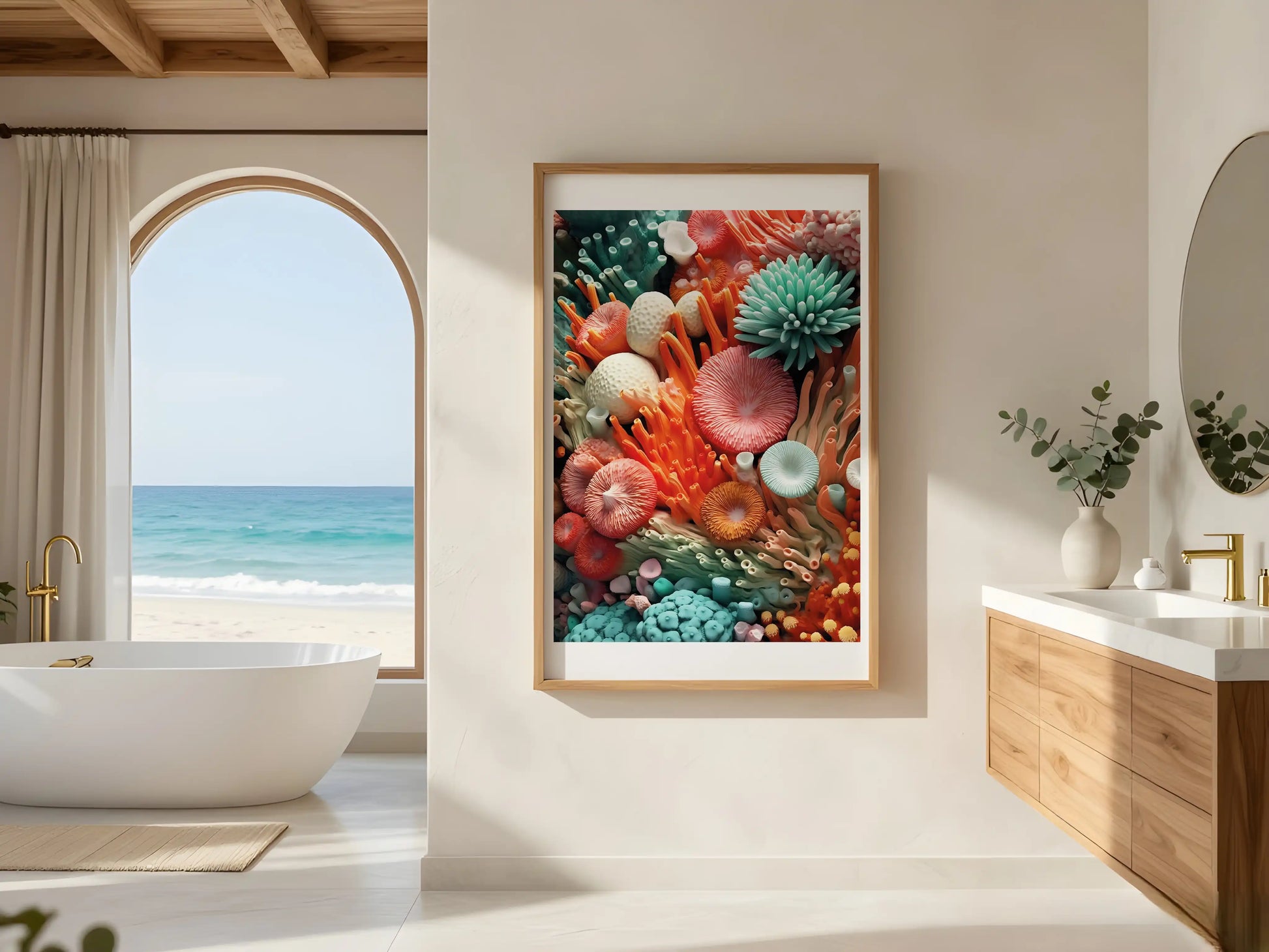KYUBA Premium-Puzzle 'Coral Garden' als stilvolle Wanddekoration in einem modern eingerichteten Badezimmer.
