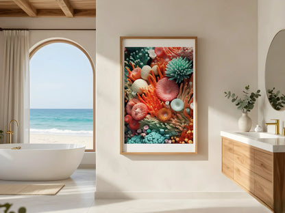 KYUBA Premium-Puzzle 'Coral Garden' als stilvolle Wanddekoration in einem modern eingerichteten Badezimmer.