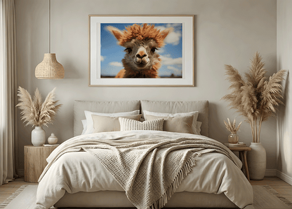 KYUBA Premium-Puzzle 'Andean Smile' als harmonisches Wandbild in einem gemütlichen Boho-Schlafzimmer.