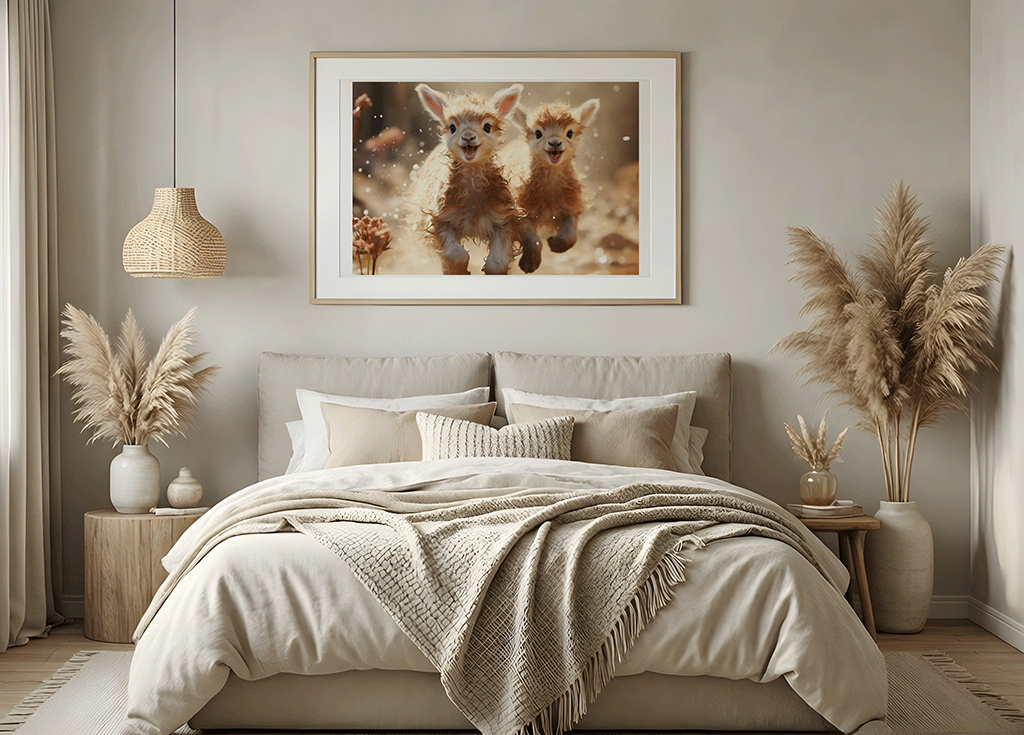 KYUBA Premium-Puzzle 'Fluffy Frenzy' als harmonisches Wandbild in einem gemütlichen Boho-Schlafzimmer.