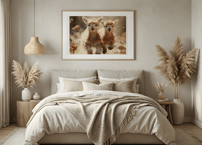 KYUBA Premium-Puzzle 'Fluffy Frenzy' als harmonisches Wandbild in einem gemütlichen Boho-Schlafzimmer.