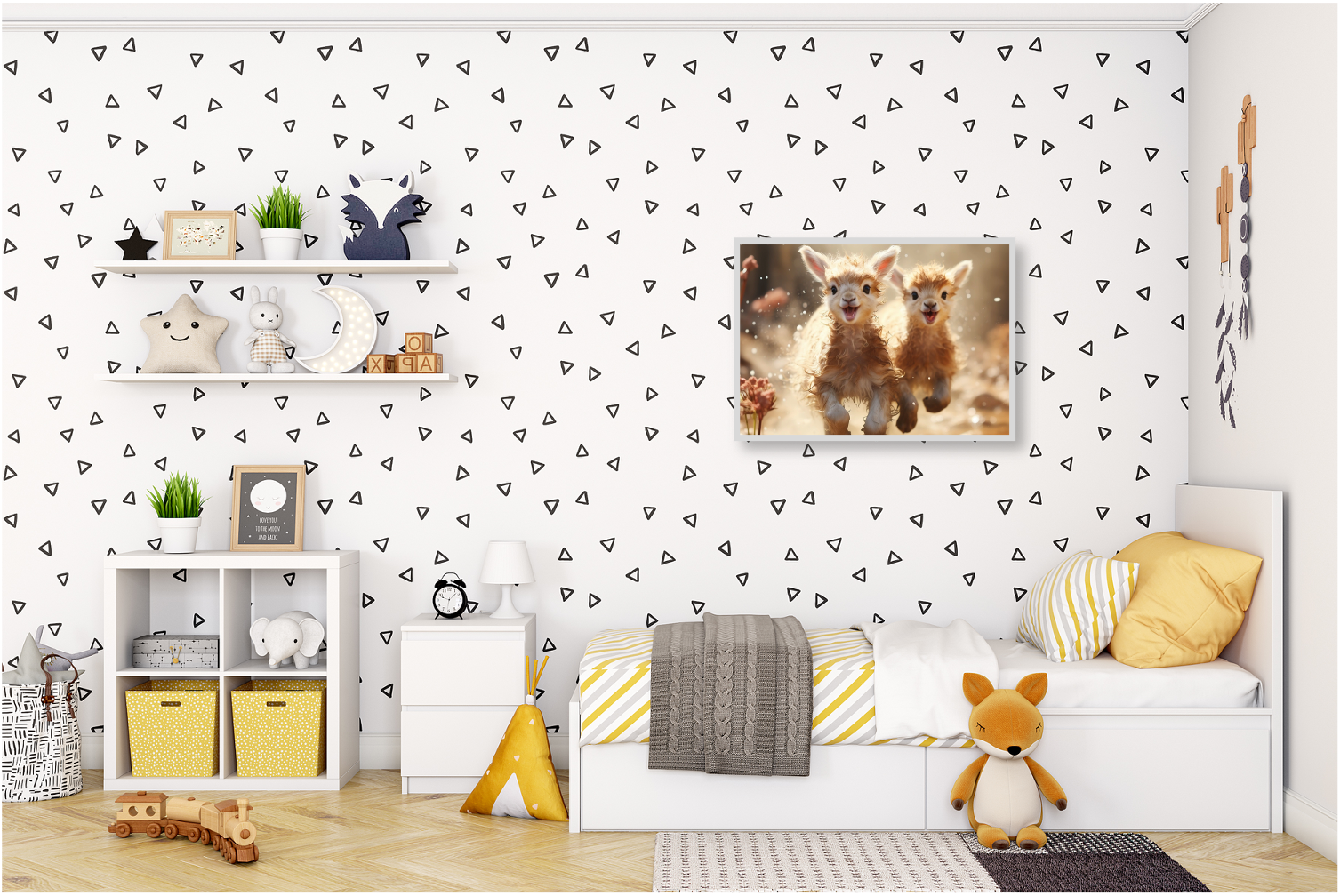 KYUBA Premium-Puzzle 'Fluffy Frenzy' als farbenfrohe und kreative Wanddekoration im Kinderzimmer.