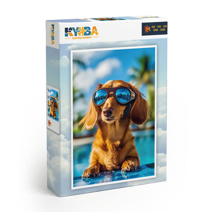 Die minimalistische, cleane Produktverpackung des KYUBA Premium-Puzzle 'Poolside Cool's.