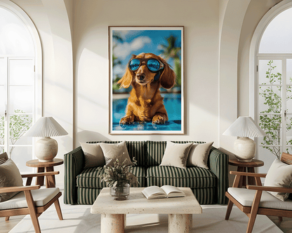 KYUBA Premium-Puzzle 'Poolside Cool' elegant gerahmt an einer stilvollen Wohnzimmerwand.