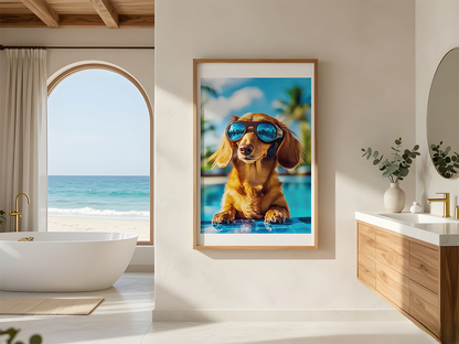 KYUBA Premium-Puzzle 'Poolside Cool' als stilvolle Wanddekoration in einem modern eingerichteten Badezimmer.