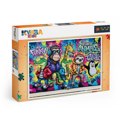 Die minimalistische, cleane Produktverpackung des KYUBA Premium-Puzzle 'Funky Animals Graffiti's.