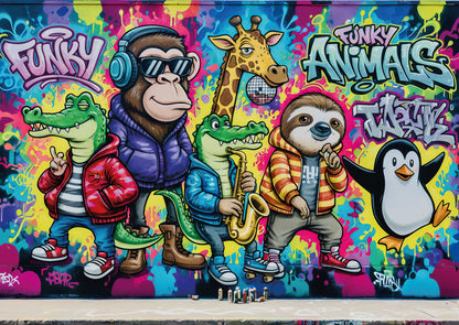 Das detailreiche, farbenfrohe Kunstmotiv des KYUBA Premium-Puzzle 'Funky Animals Graffiti's.