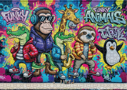Das fertig gelegte KYUBA Premium-Puzzle 'Funky Animals Graffiti' mit perfekt passenden Puzzleteilen.