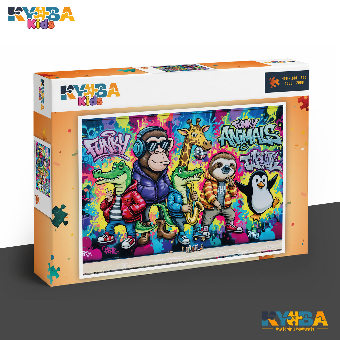 KYUBA Premium-Puzzle 'Funky Animals Graffiti' in seiner edlen Design-Produktbox.