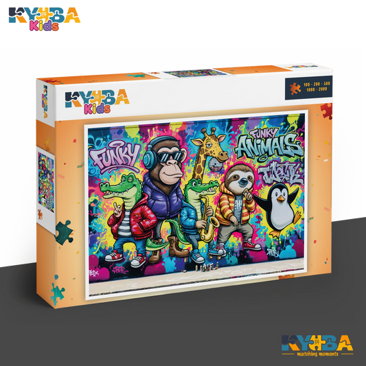 KYUBA Premium-Puzzle 'Funky Animals Graffiti' in seiner edlen Design-Produktbox.