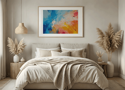 KYUBA Premium-Puzzle 'Velvet Pastel' als harmonisches Wandbild in einem gemütlichen Boho-Schlafzimmer.
