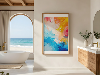 KYUBA Premium-Puzzle 'Velvet Pastel' als stilvolle Wanddekoration in einem modern eingerichteten Badezimmer.