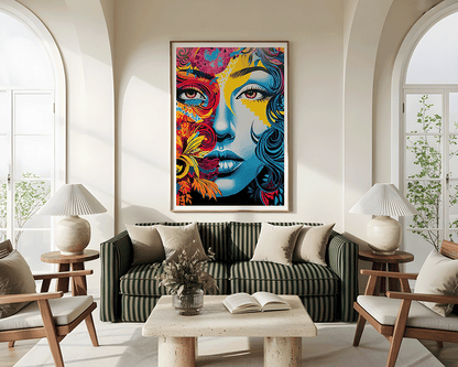 KYUBA Premium-Puzzle 'Azure Muse' elegant gerahmt an einer stilvollen Wohnzimmerwand.
