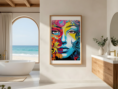 KYUBA Premium-Puzzle 'Azure Muse' als stilvolle Wanddekoration in einem modern eingerichteten Badezimmer.