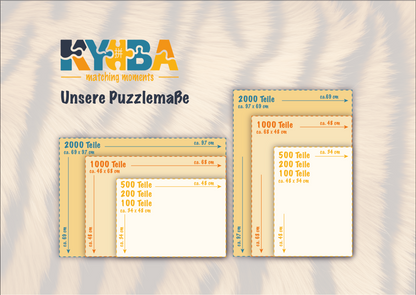 Infografik mit den exakten Produktmassen und Abmessungen der KYUBA Premium-Puzzles.