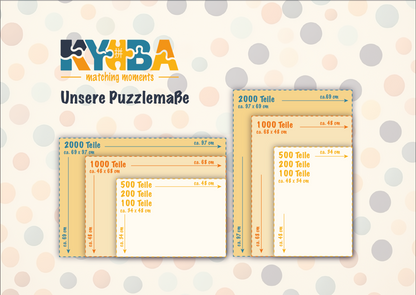 Infografik mit den exakten Produktmassen und Abmessungen der KYUBA Premium-Puzzles.