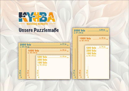 Infografik mit den exakten Produktmassen und Abmessungen der KYUBA Premium-Puzzles.