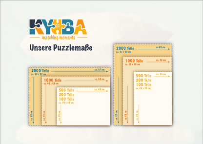 Infografik mit den exakten Produktmassen und Abmessungen der KYUBA Premium-Puzzles.