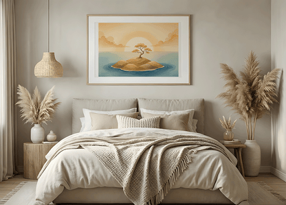 KYUBA Premium-Puzzle 'Island of Serenity' als harmonisches Wandbild in einem gemütlichen Boho-Schlafzimmer.