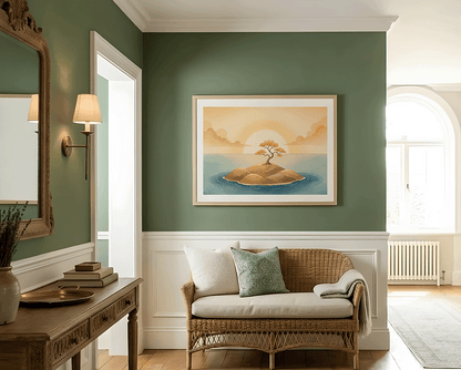 KYUBA Premium-Puzzle 'Island of Serenity' elegant gerahmt an einer stilvollen Wohnzimmerwand.