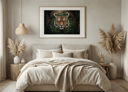 KYUBA Premium-Puzzle 'Jungle Alley' als harmonisches Wandbild in einem gemütlichen Boho-Schlafzimmer.