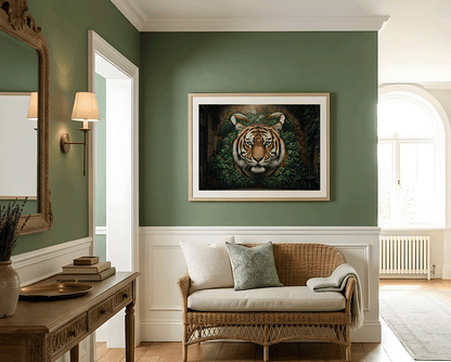 KYUBA Premium-Puzzle 'Jungle Alley' elegant gerahmt an einer stilvollen Wohnzimmerwand.