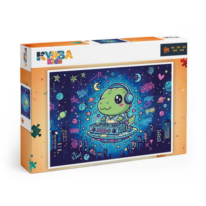 Die minimalistische, cleane Produktverpackung des KYUBA Premium-Puzzle 'DJ Dino's Space Party's.