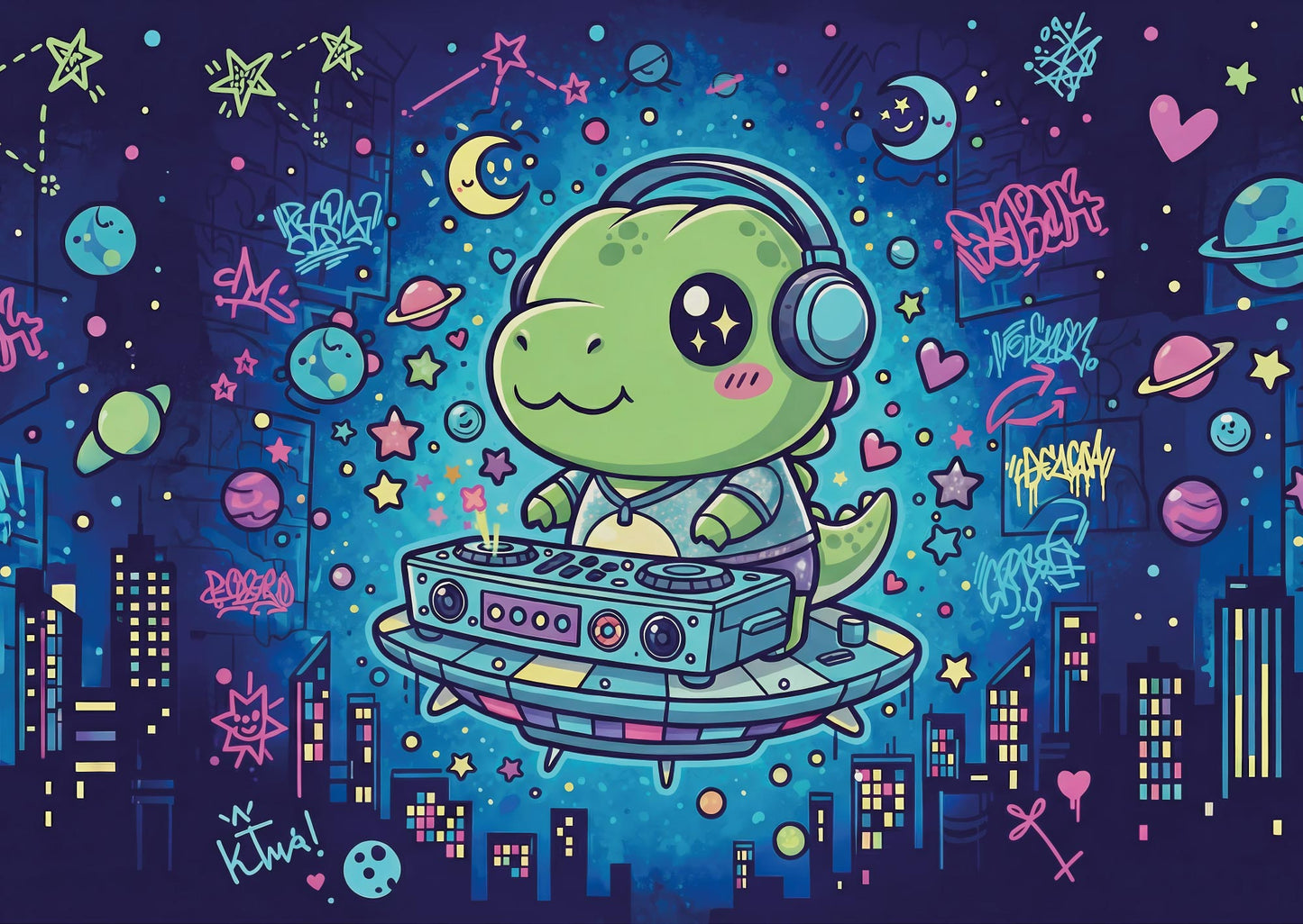 Das detailreiche, farbenfrohe Kunstmotiv des KYUBA Premium-Puzzle 'DJ Dino's Space Party's.