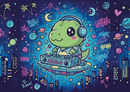 Das detailreiche, farbenfrohe Kunstmotiv des KYUBA Premium-Puzzle 'DJ Dino's Space Party's.
