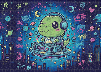 Das fertig gelegte KYUBA Premium-Puzzle 'DJ Dino's Space Party' mit perfekt passenden Puzzleteilen.
