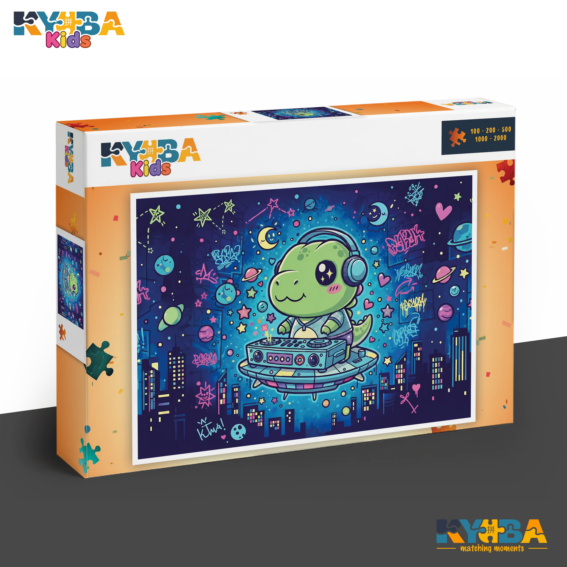 KYUBA Premium-Puzzle 'DJ Dino's Space Party' in seiner edlen Design-Produktbox.