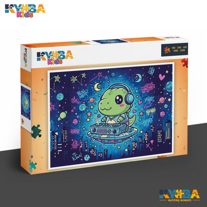 KYUBA Premium-Puzzle 'DJ Dino's Space Party' in seiner edlen Design-Produktbox.