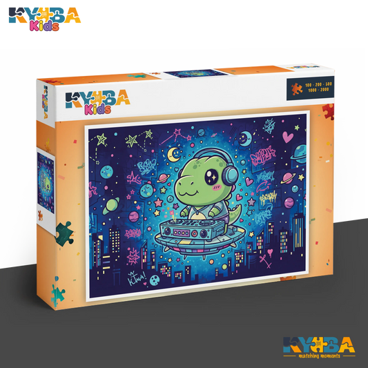 KYUBA Premium-Puzzle 'DJ Dino's Space Party' in seiner edlen Design-Produktbox.