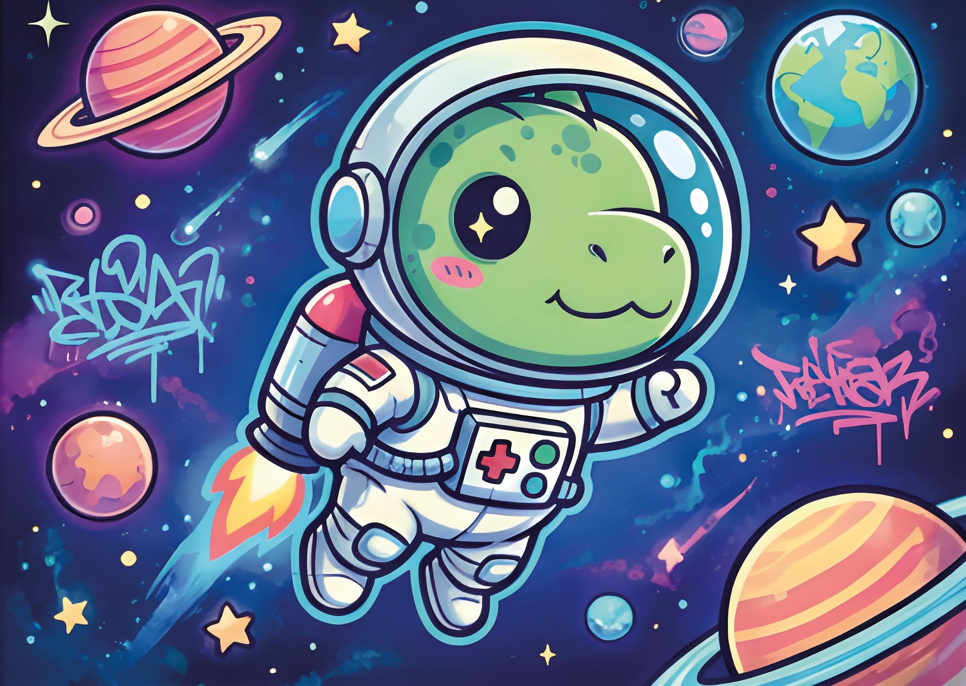 Das detailreiche, farbenfrohe Kunstmotiv des KYUBA Premium-Puzzle 'Starship Dino's.
