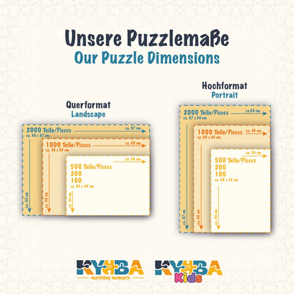 Infografik mit den exakten Produktmassen und Abmessungen der KYUBA Premium-Puzzles.