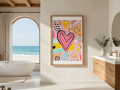 KYUBA Premium-Puzzle 'Heartbeat Pop' als stilvolle Wanddekoration in einem modern eingerichteten Badezimmer.
