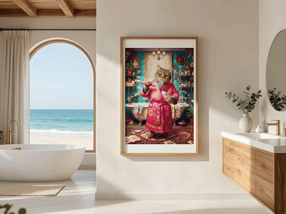 KYUBA Premium-Puzzle 'Royal Catness' als stilvolle Wanddekoration in einem modern eingerichteten Badezimmer.